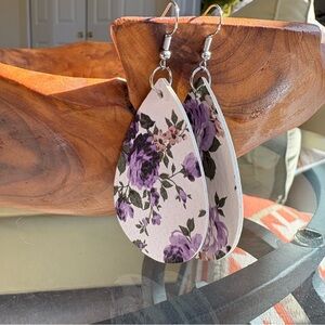 Purple Floral Teardrop Earrings - Lightweight Leatherette Hooks